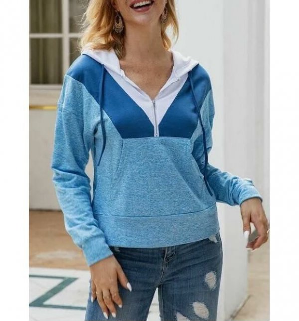 V Neck Print Zipper Drawstring Sweatshirt